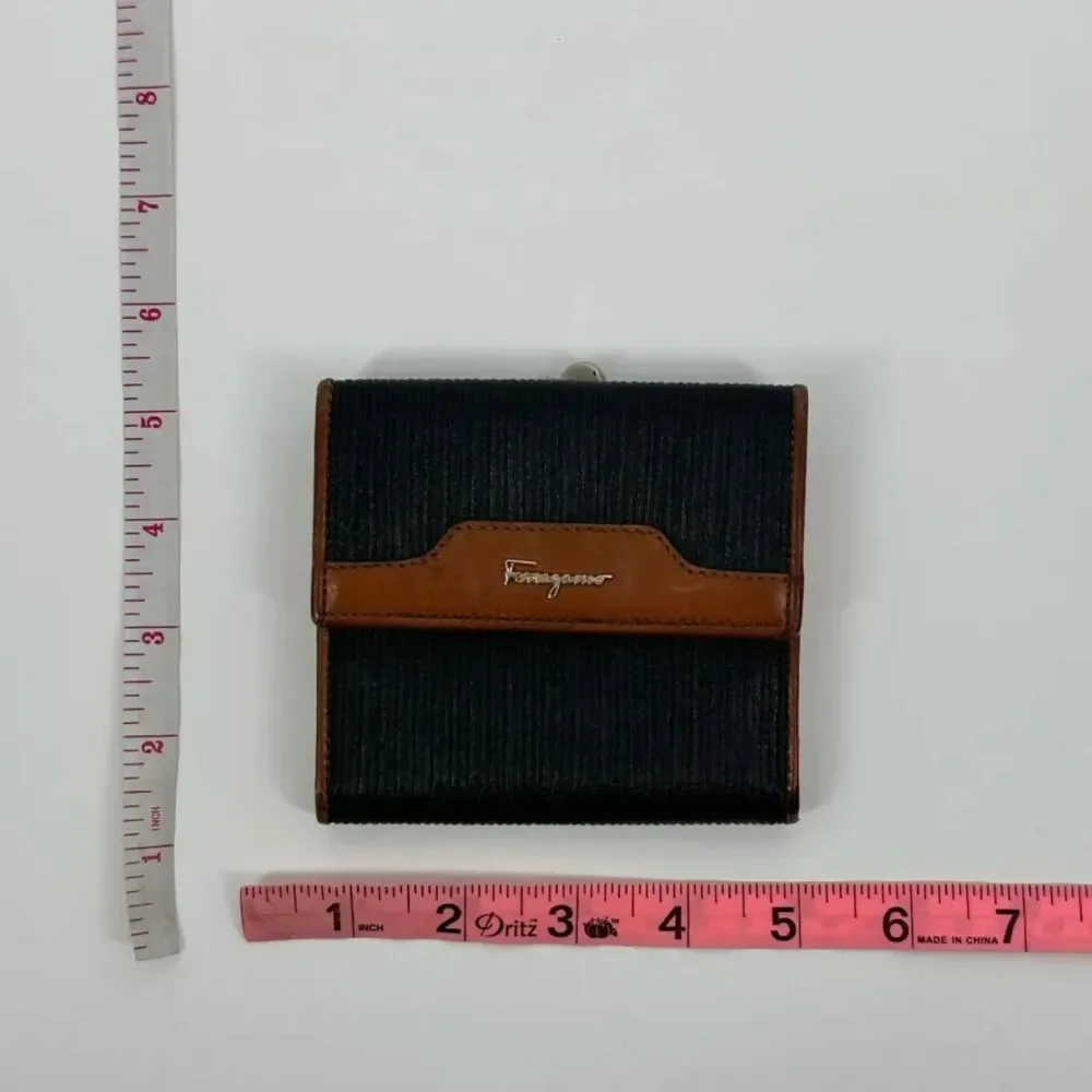 Vintage Ferragamo Ribbed Canvas Leather Tri-fold Wallet W/ Coin Pouch